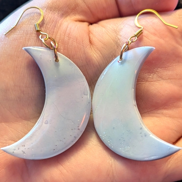 Hand Crafted Jewelry - Light Blue Lilac Lavender Sparkle Crescent Moon Polymer Clay Drop Earrings